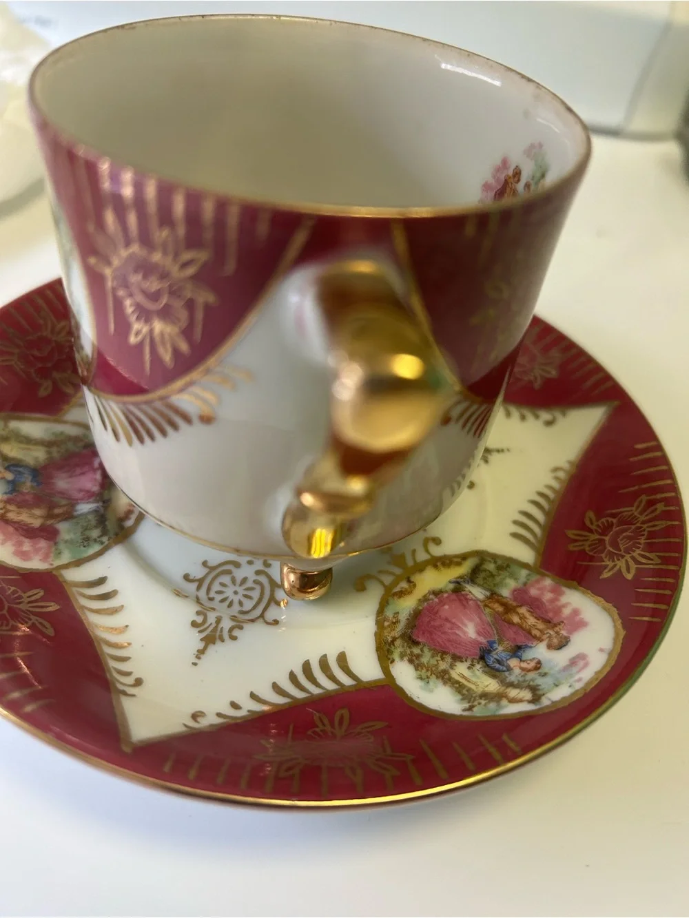 Royal Sealy China Porcelain Footed Tea Cup & Saucer Set Red/White/Gold Romantic